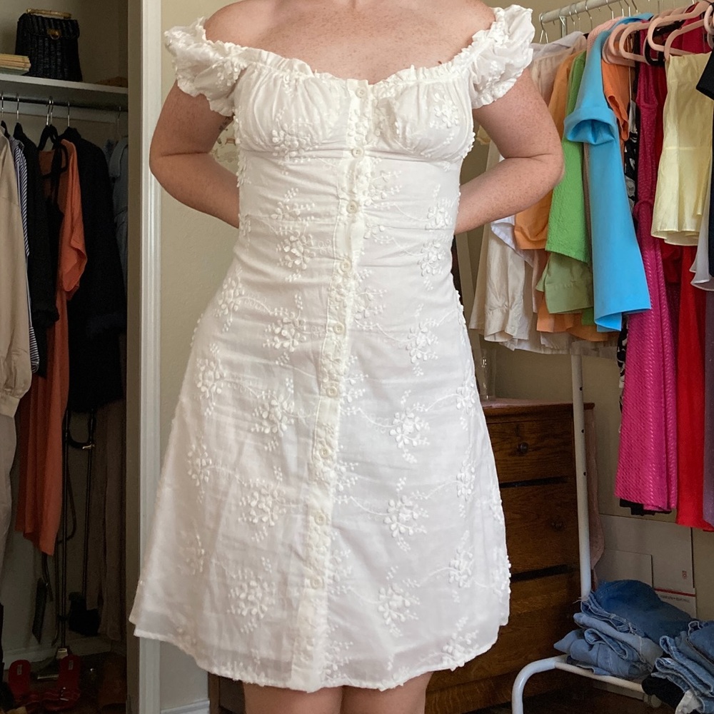 White Milkmaid Puff Sleeve Dress with Floral Embroidery